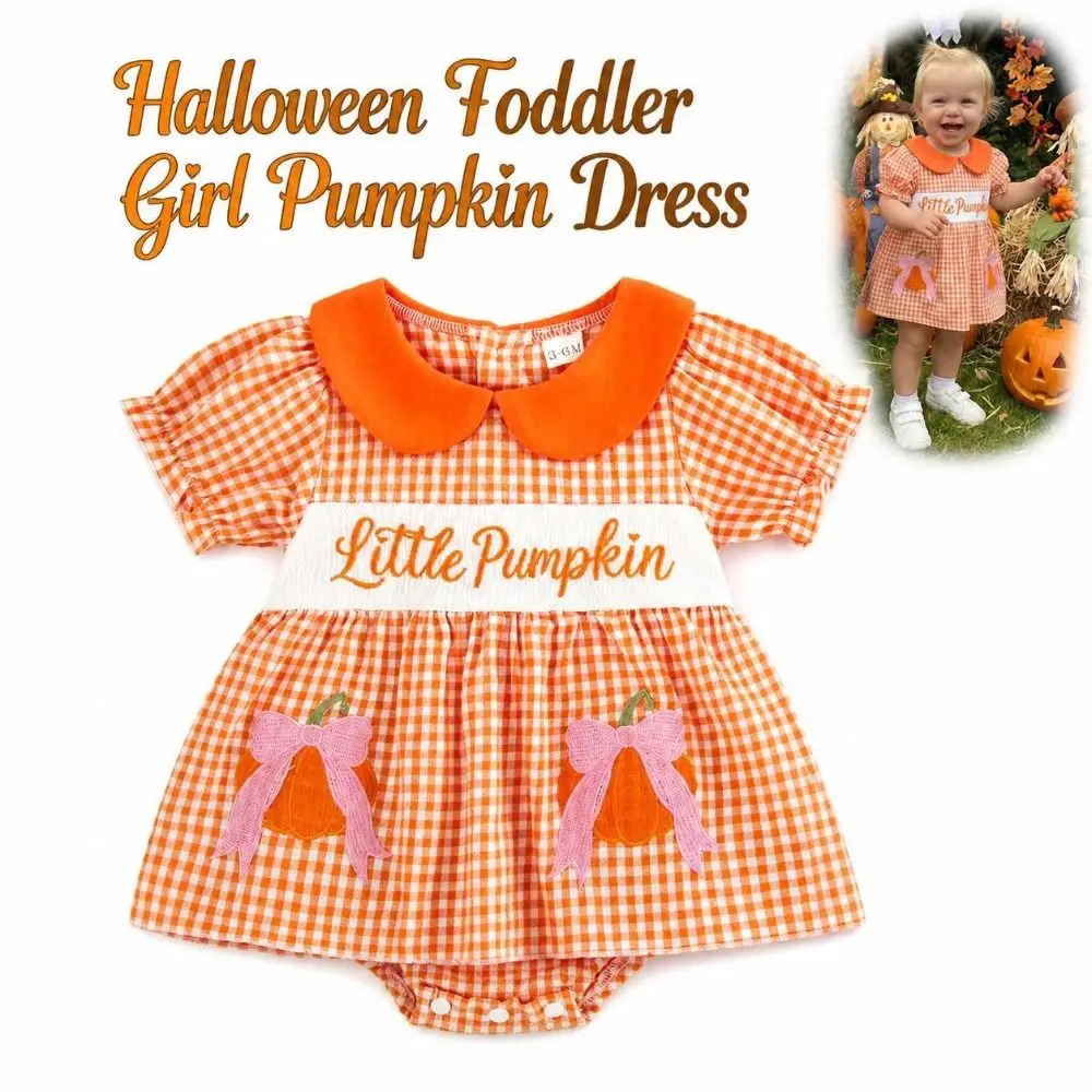 Collared Toddler Girl Pumpkin Dress Breathable Embroidered Halloween Plaid Dress Lightweight Loose Puff Sleeve Dress For 0-18M
