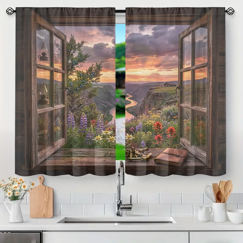 Rustic Nature View Window Curtain Panel Scenic Landscape Cabin Cottagecore Style Translucent Decorative Window Treatment Home De