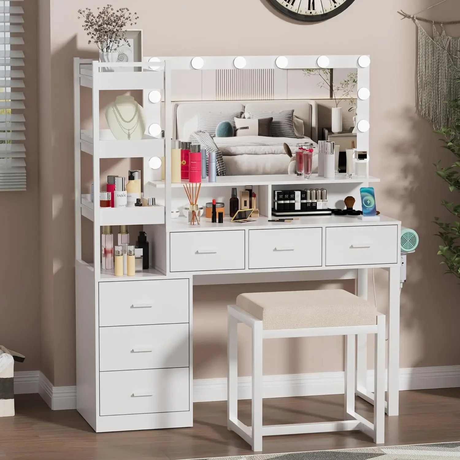 

Makeup Vanity Desk with Mirror and Lights, Vanity Desk with Charging Station, Drawers, Movable Shelves for Makeup, White