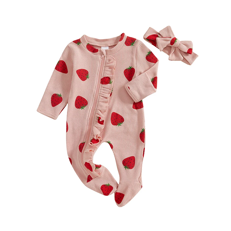 Baby Girls Ruffles Romper Strawberry Print Long Sleeve Jumpsuits and Cute Headband Set for Toddler Infant