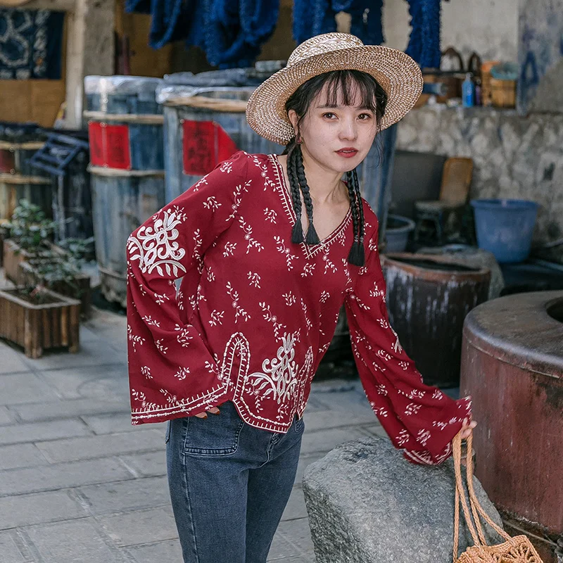 

Embroidered Long Bell Sleeve Shirt V-Neck Ethnic Style Holiday Retro Wine Red Long Sleeve Chiffon Top Short Holiday Commute Wind