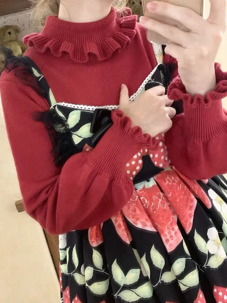 KOSAHIKI Maglione a collo alto con volant Kawaii da donna giapponese vintage morbido ragazza manica a lanterna carino maglione lavorato a maglia Lolita