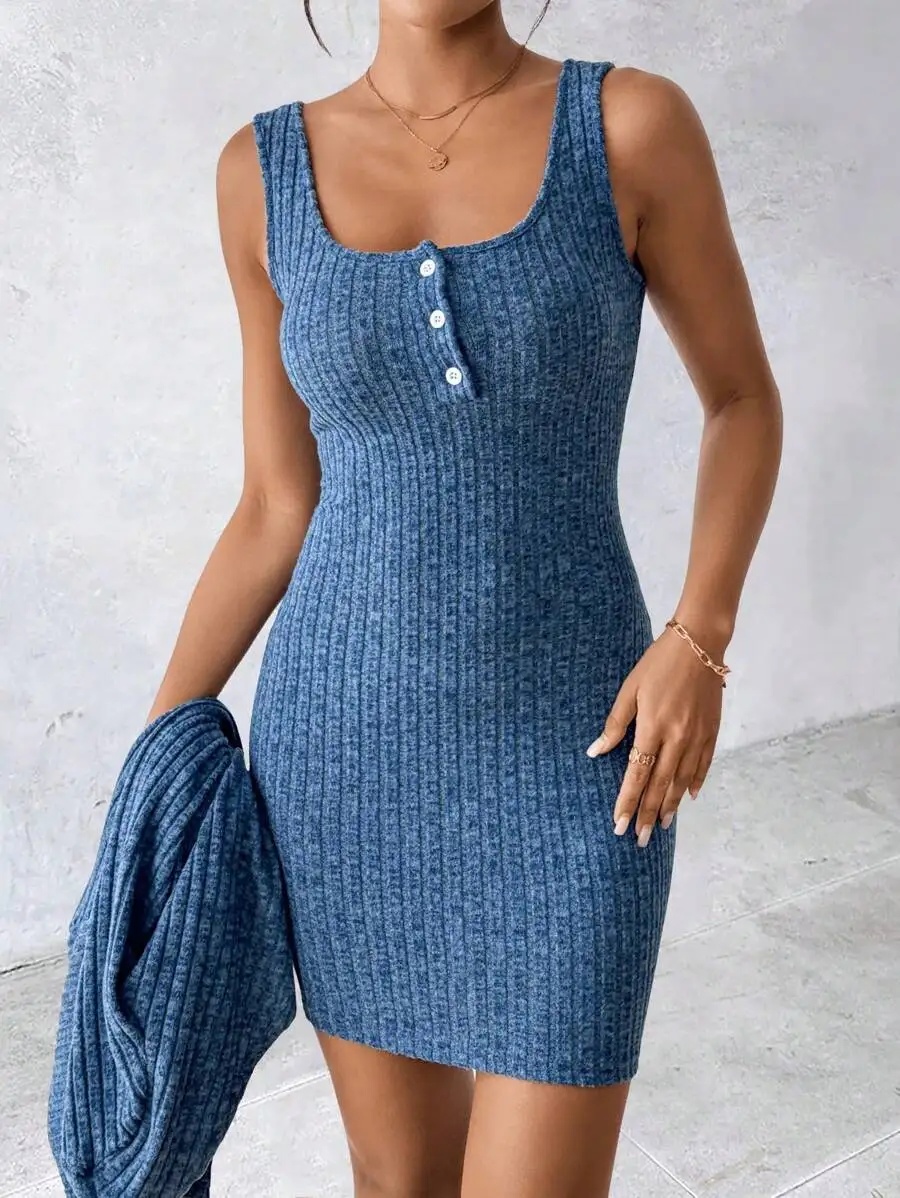 여성용 블루 리브드 니트 2피스 세트 (가디건 & 버튼 프론트 드레스), 가을 겨울 캐주얼 의상