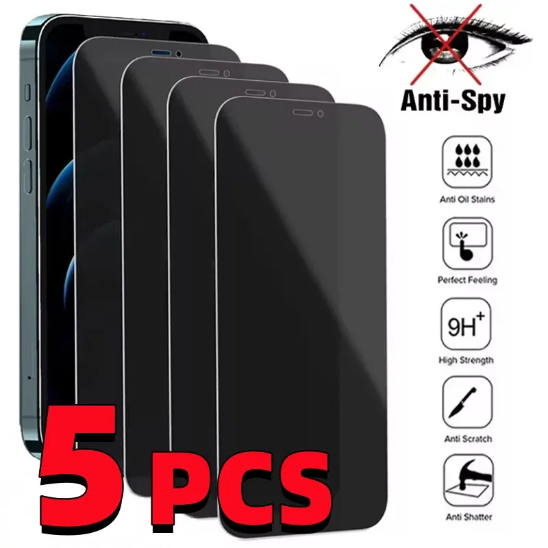 5Pcs Anti-peep Screen Protector For iPhone 16 Pro Max 15Pro 14 Plus 13 Anti Scratch Privacy Tempered Glass For iPhone 12/11/XR/X