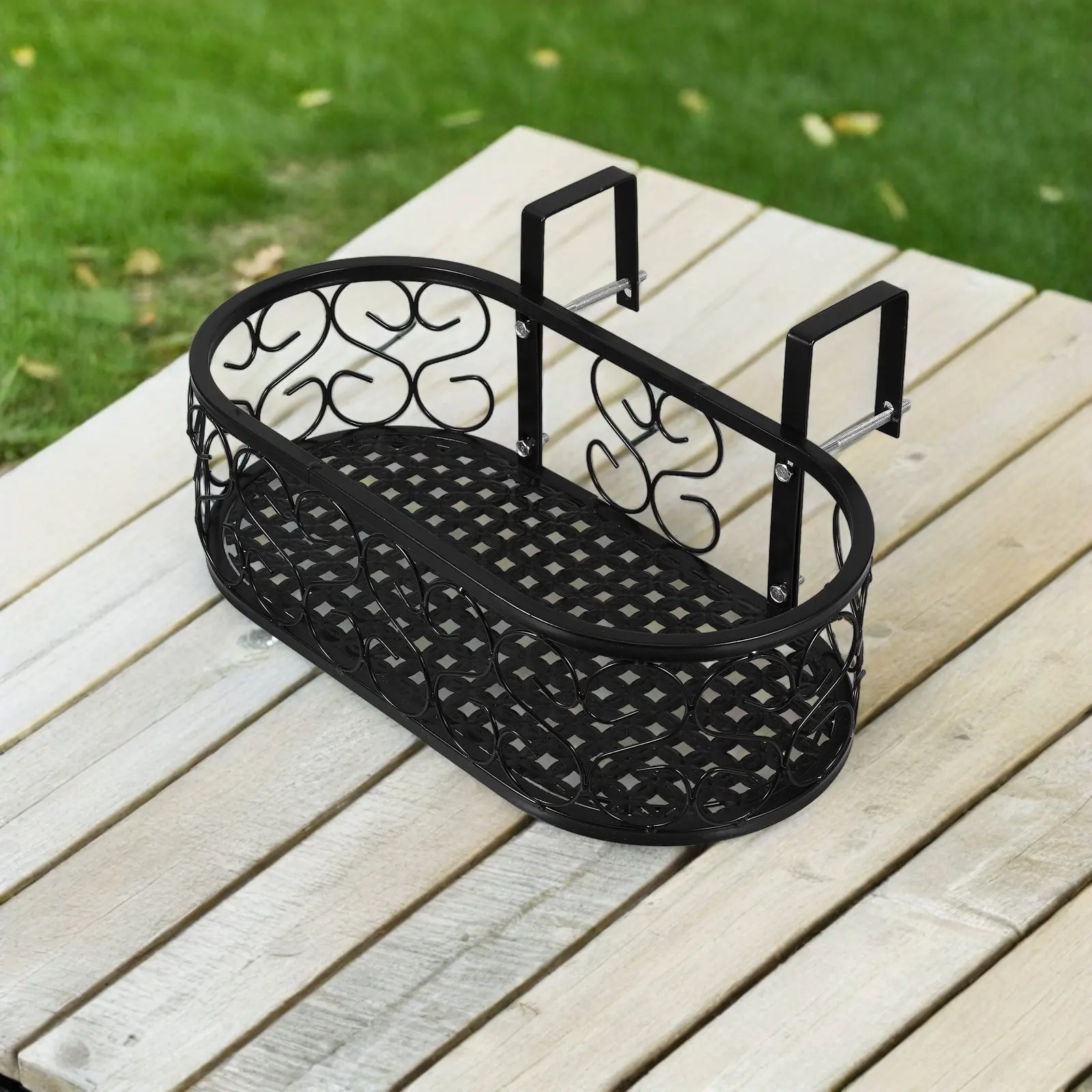 Outdoor Hanging Flower Pot Rack for Balcony Railings Sturdy Metal Construction Intricate Pattern Design Plant Holder Balcony