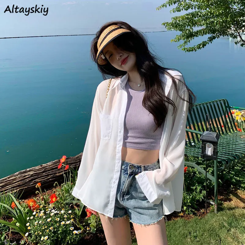 

Рубашки в корейском стиле для женщин с длинным рукавом, весна-лето, тонкие солнцезащитные рубашки для девочек-студенток, универсальные свободные однотонные минималистичные повседневные рубашки