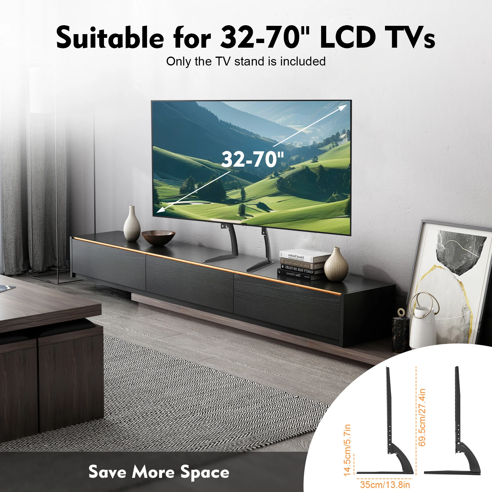 Suporte de TV de mesa universal para TVs LCD de 32 a 70 polegadas, carga máxima de 77 libras, base ajustável em altura sem instalação de broca