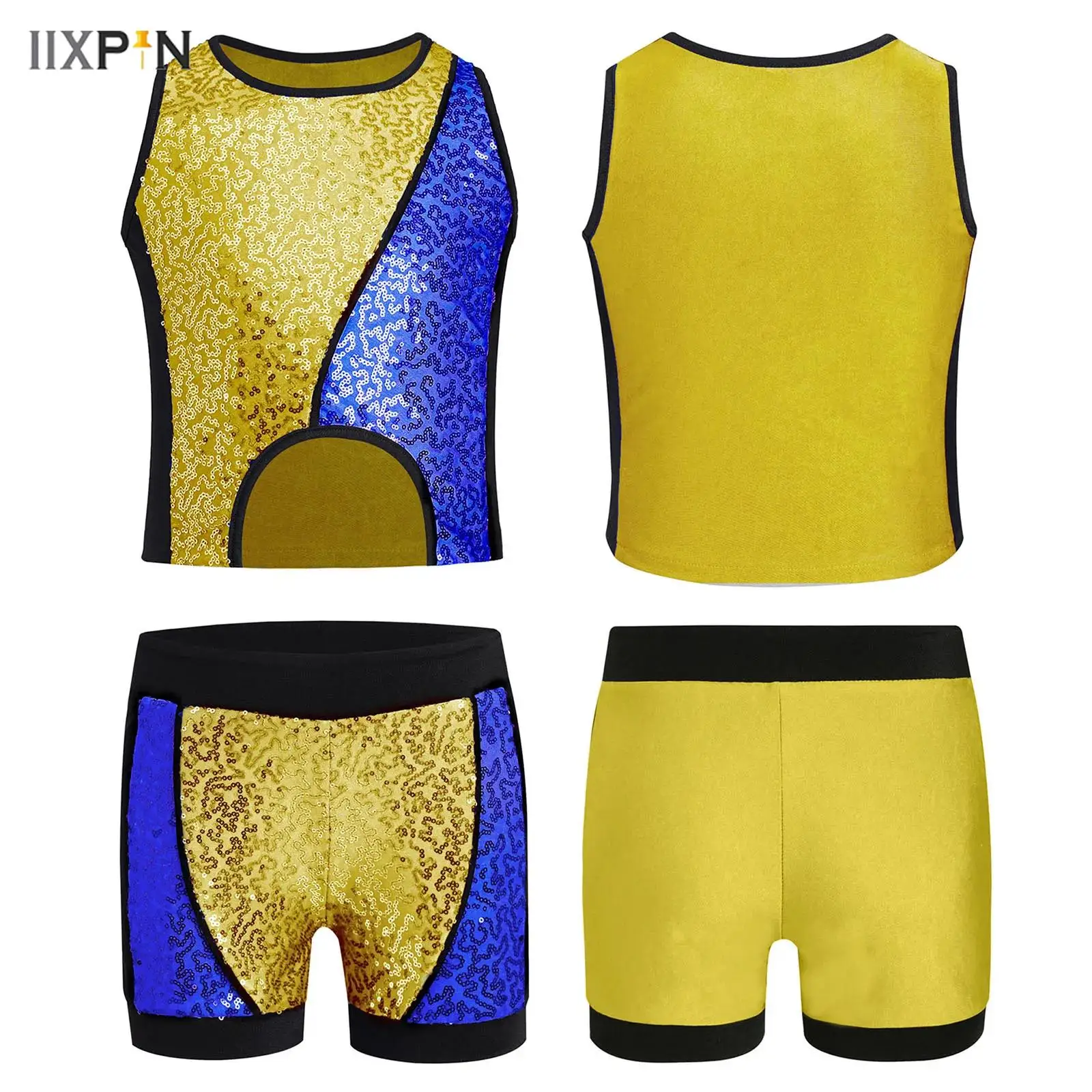 

Kids Girls Hip-Hop Jazz Dance Costume Color Block Patchwork Sparkly Sequins Tank Top Asymmetrical Hem Vest with Shorts Gymnastic