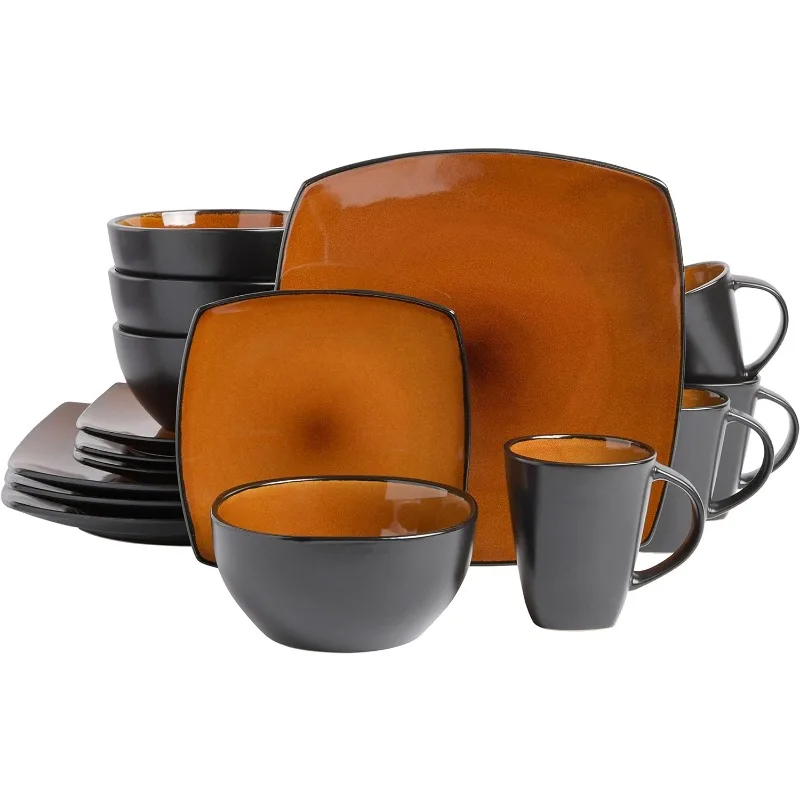 Square Reactive Glaze Stoneware Dinnerware Set, Service for 4 (16pc), Eclipse 2