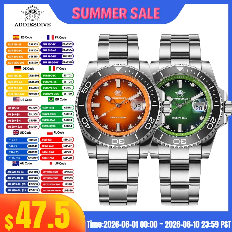 

ADDIESDIVE Men's Watch Quartz Stainless Steel Diving Watch 200M Super Luminous Luxury Watch reloj hombre NEW Watch Reloj hombre
