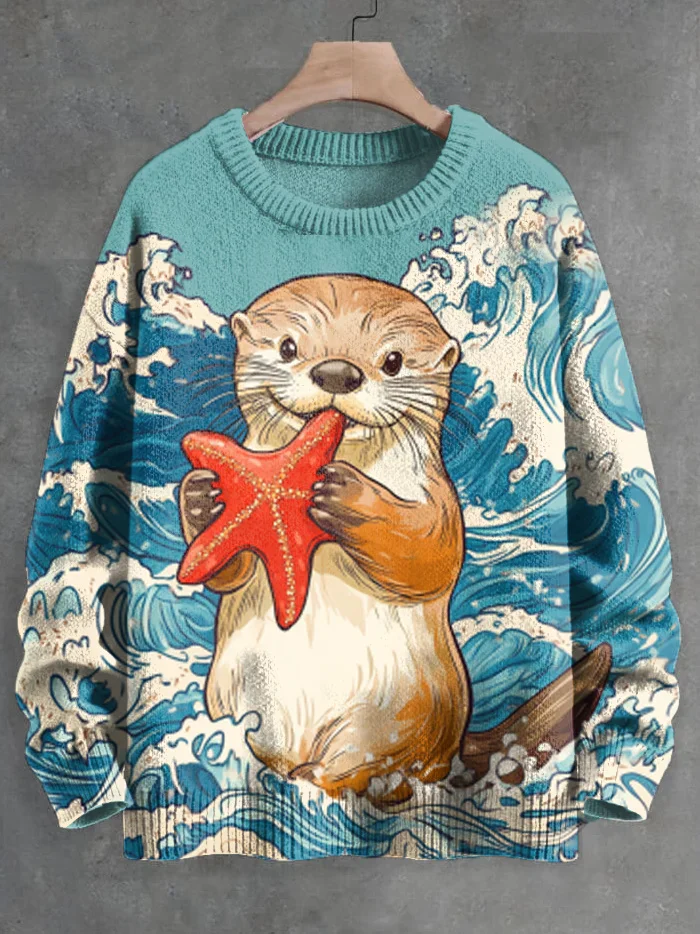 

Men's Japanese Art Great Wave Otter Starfish Print Knit Pullover Sweatshirt Unisex Comfortable Fit Fashionable Sweater