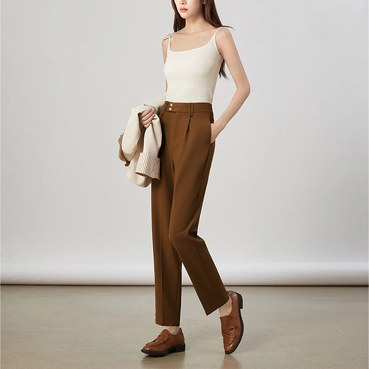 

OLrain Caramel Casual Pants Women's Early Autumn Trousers Ladies 2025 Straight Nine-point Tapered Pants Woman Clothes O23QK82568