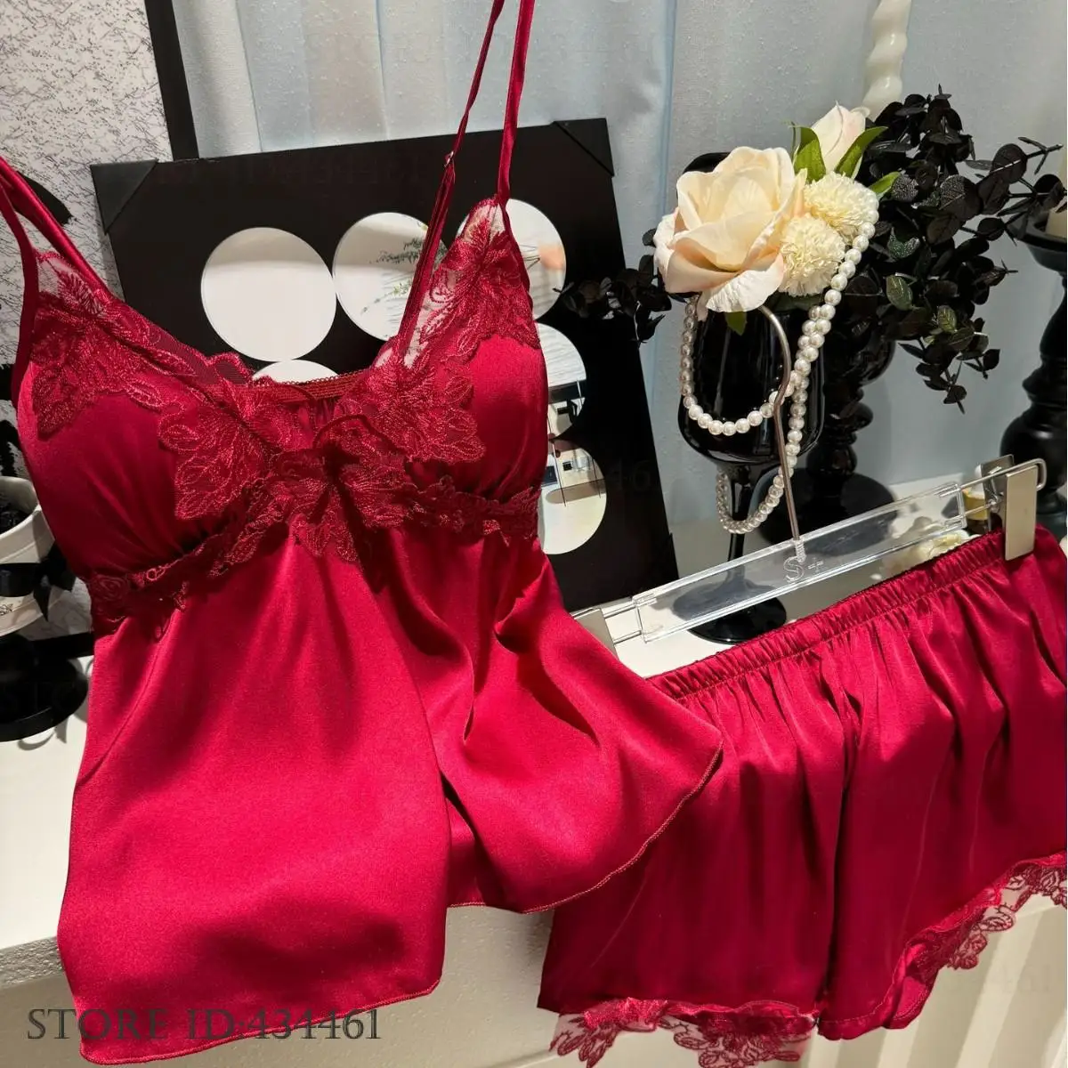 

Summer New Suspender Pajamas Set Loungewear Sexy Patchwork Lace Intimate Lingerie Night Wear Silky Satin Sleepwear Home Clothes