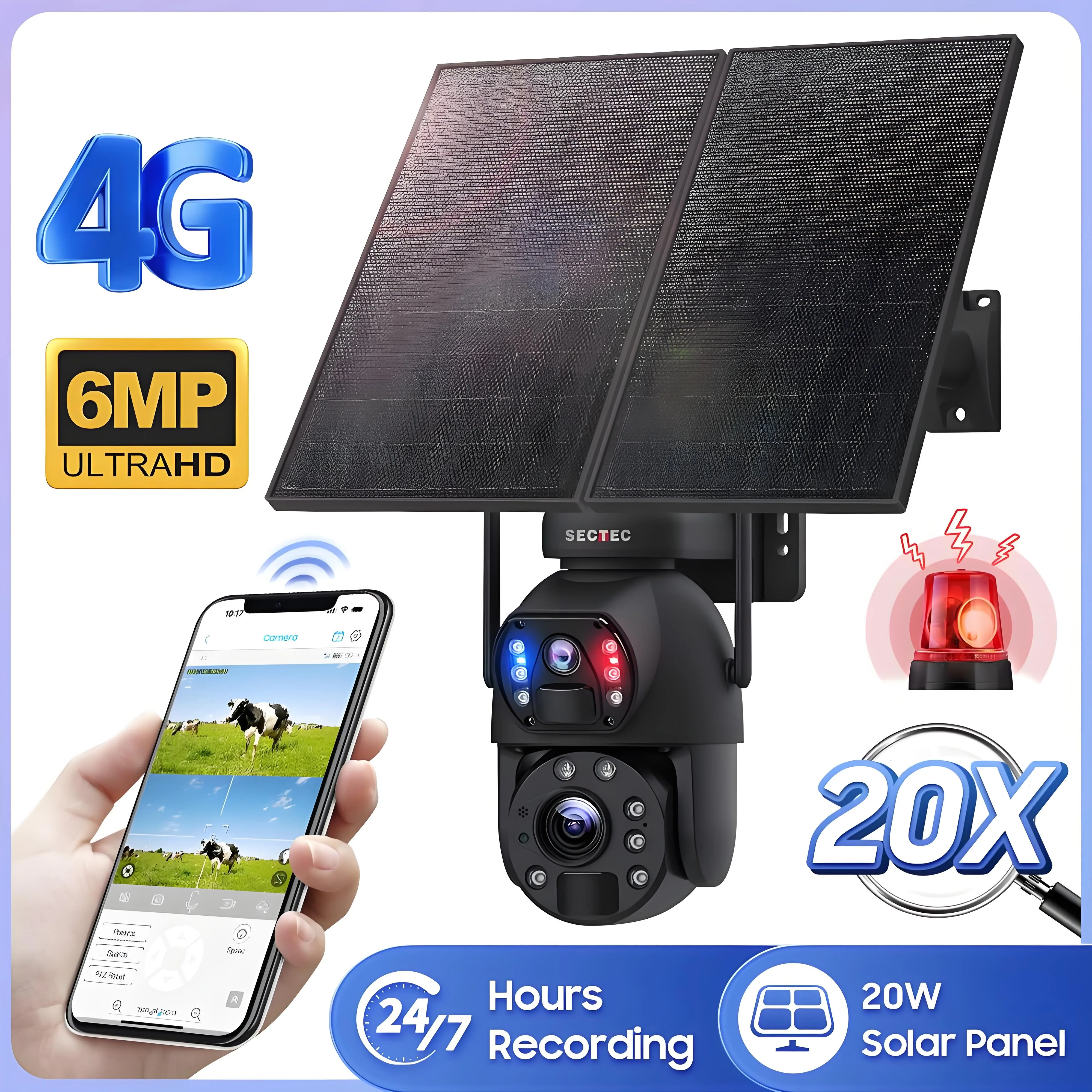 

20W Solar Panel Outdoor Panoramic Ptz IP Security Camera 20X Zoom Dual HD 6MP Smart Network CCTV Speed Wifi CMOS Sensor Cloud