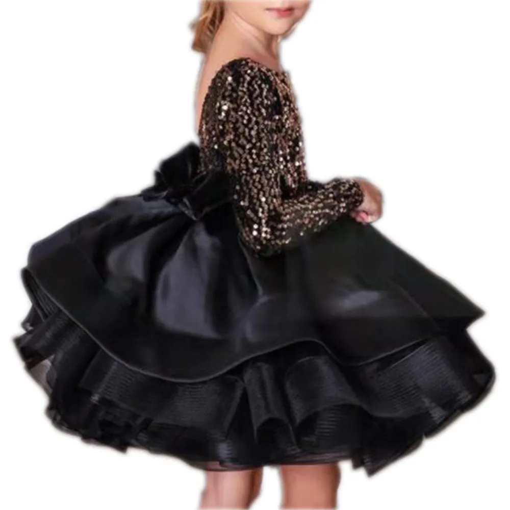 Winter Boutique Sequined Full Sleeve Black Kids Tulle Puffy Party Princess 2 to 16 Year Teenage Girls Dresses For Shows Dancing