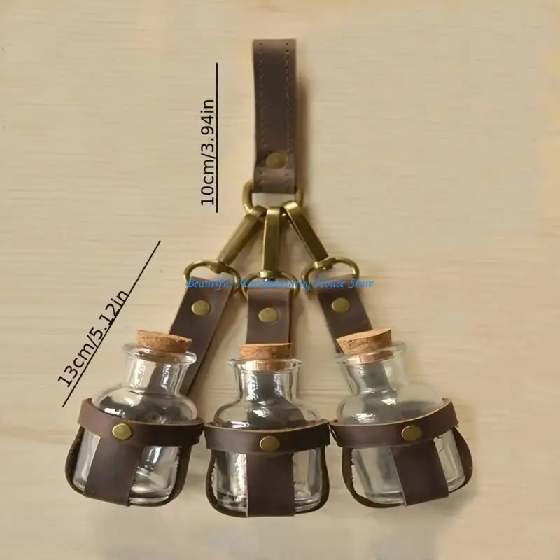 E56Aポーションボトルウィザードポーションコルクストッパーとレザーハーネス付きガラスホルダー