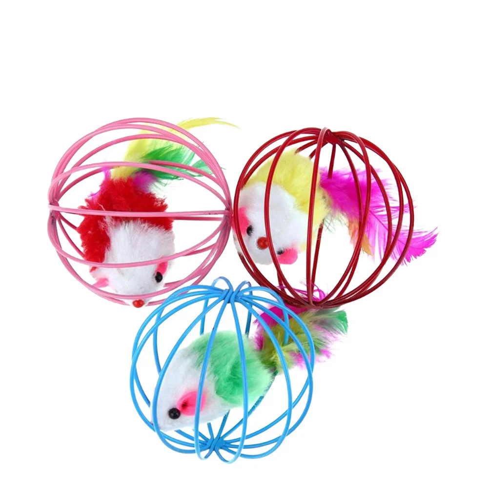 3Pcs Ball Shaped Cage with Prisoned Toy Mouse for Toy (Random Color) cats balls cage shaped balls