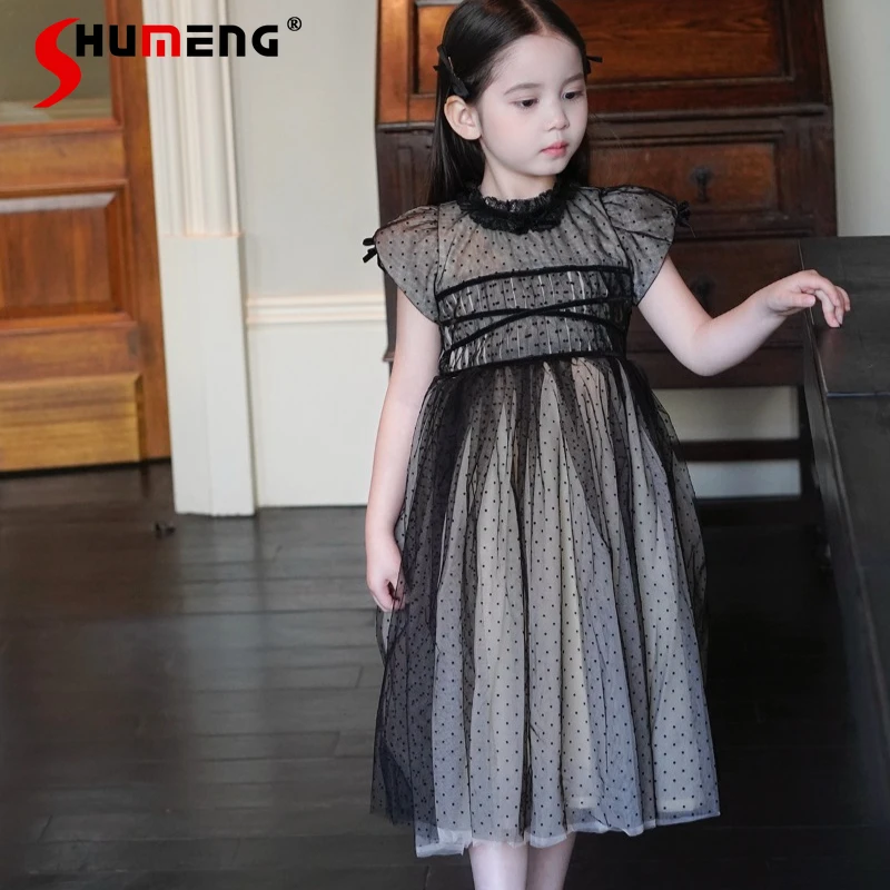 

Ретро-платье для девочек с кружевом и черным горошком, с завышенной талией, сетчатое, в стиле принцессы, для повседневной носки, в уличном стиле