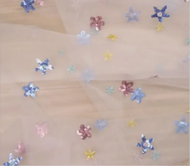 

Colorful Star Sequin Fabric,Embroidery Star Lace Dress,French Sequin Lace, Tulle Fabric,Multicolor Tulle Lace Fabric