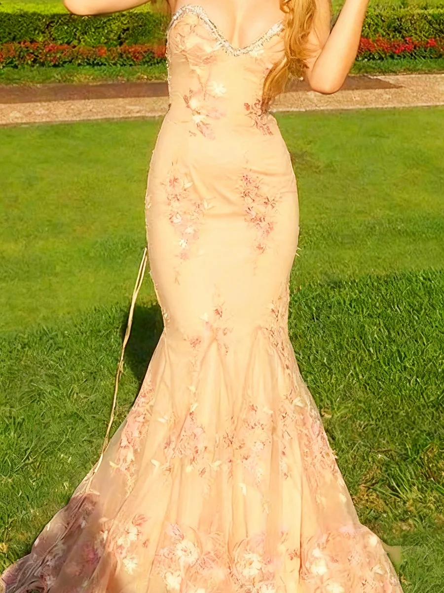 

Classic Sweetheart Lace Floral Sleeveless Pleat Formal Evening Mermaid Dresses Birthday Party Prom Gowns Customized