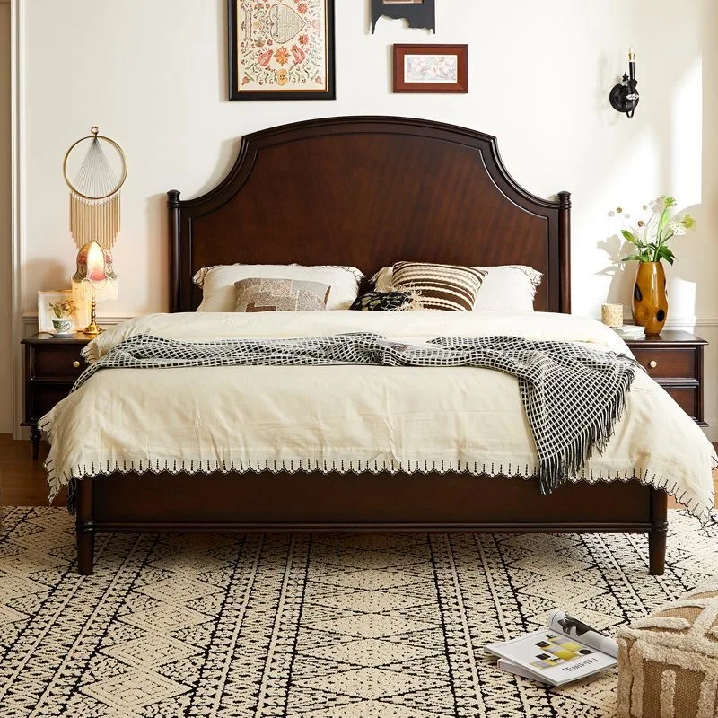 # Luxury Chinese Retro Solid Wood Bed, Minimalist Hard Backrest Double Bed, American Retro Style For Master Bedroom