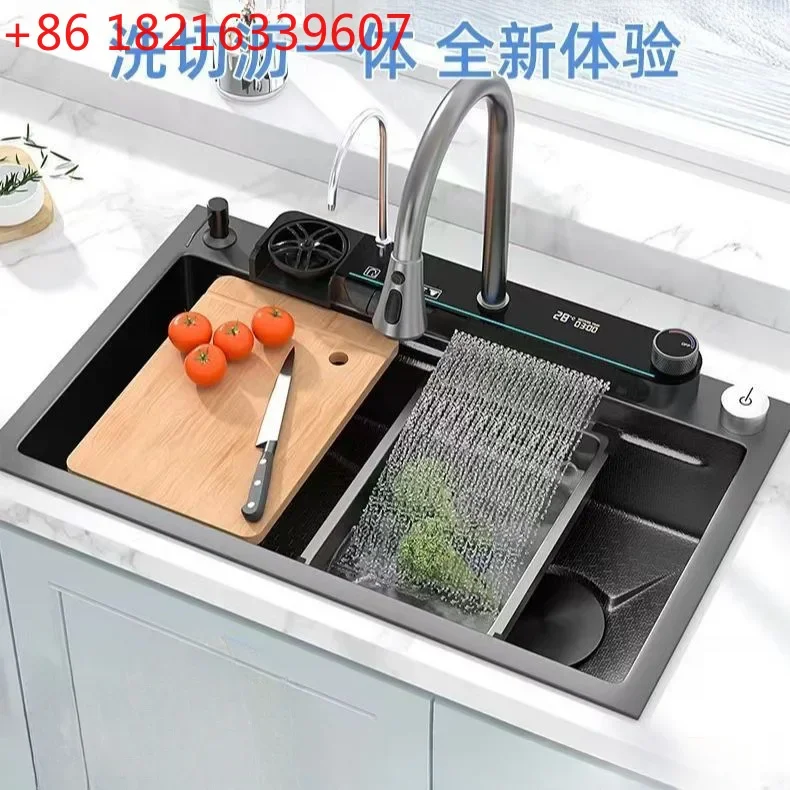 large single slot complete set of stainless steel honeycomb embossed aircraft carrier Feiyu waterfall digital display sink