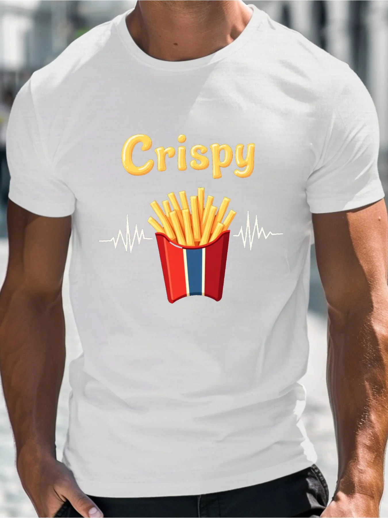 Men's Crispy Fries & Heartbeat Graphic T-Shirt - Black Casual Short Sleeve Crew Neck Tee With French Fry Print, Lightweight Brea