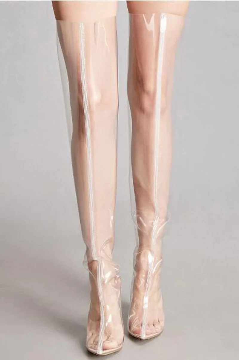 Sexy Transparent PVC High Heels Thigh Boots Pointed Toe Crystal Chunky Heels Women Clear Over The Knee Runway Stage Boots