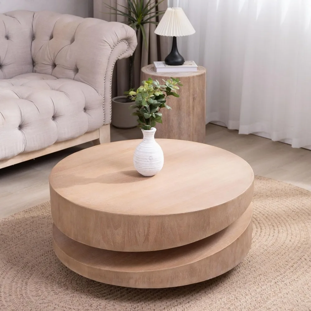 

31.3" Drum Coffee Table, Modern Industrial Wooden Sculptural Round Coffee Table, Natural Wood Circle Center Table Cocktail Tea A