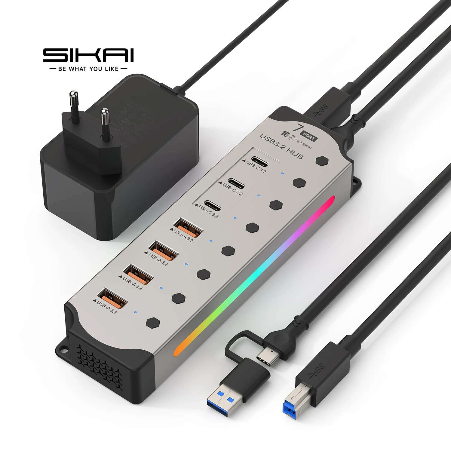 

USB-концентратор с алюминиевым питанием, 10 Гбит/с, USB-A, USB-C 3,2, 7 портов, USB-концентратор C, индивидуальные переключатели включения/выключения, адаптер питания 12 В для портативных ПК