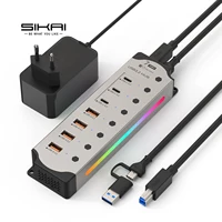 Hub USB alimentado de aluminio 10Gbps USB-A USB-C 3,2 7 puertos USB C Hub interruptores de encendido/apagado individuales adaptador de corriente de 12V para ordenador portátil