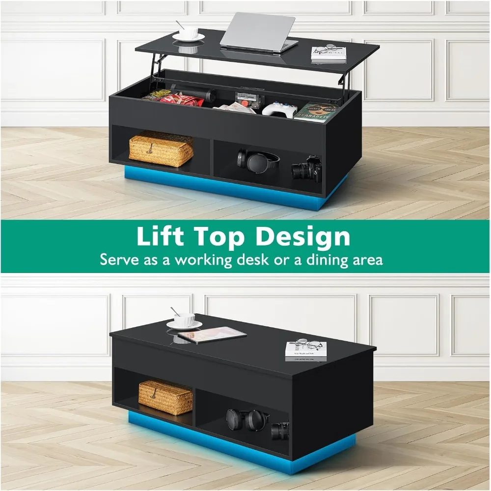 set di 2 tavolini da caffè e supporto TV con piano sollevabile a led, centro di intrattenimento moderno a led con prese di corrente per TV fino a 55", linguetta caffè