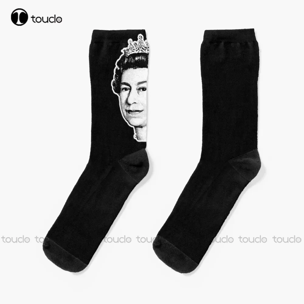 Queen. Britain British Elizabeth Ii. Monarch. On Black. Socks Cotton Socks Christmas New Year Gift Unisex Adult Teen Youth Socks