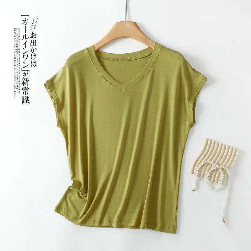 Modal Mask Tshirt V Neck Batwing short sleeves Women's base T-shirts Solid color Summer Loose Thin Bottoming Tee Tops