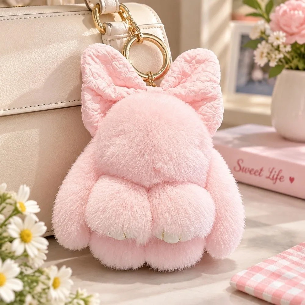 Weicher, flauschiger Kunstfell-Kaninchenfell-Schlüsselanhänger, hängende Ornamente, Pompon-Plüsch-Kaninchen-Schlüsselanhänger, Plüschpuppen, Kawaii-Häschen-Anhänger für Damen – Detail 11