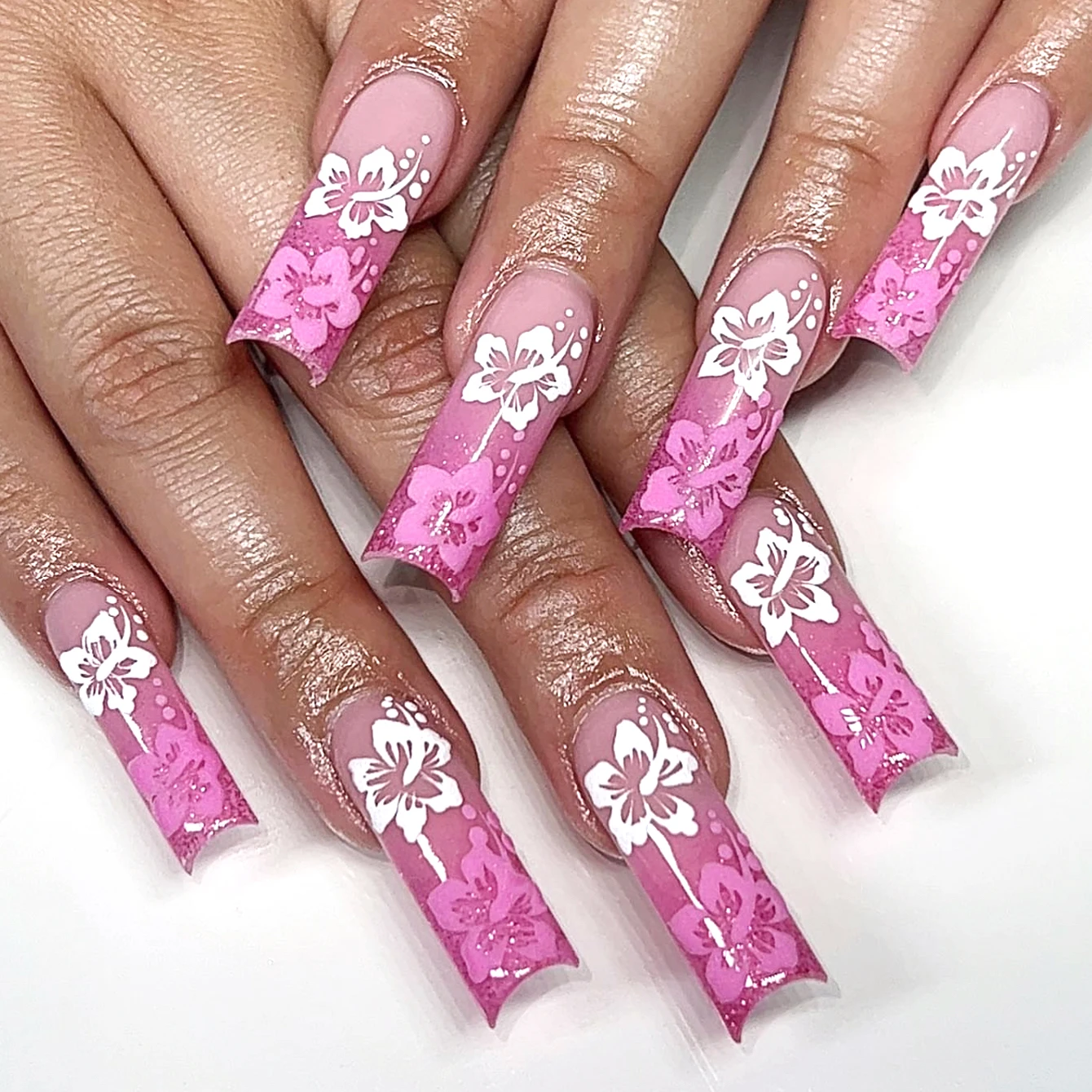 24 Stück rosa Kirschblüten-Pressnagel, quadratisch, lang, Urlaubs-Nagelaufkleber, Farbverlauf, gefälschte Blumen-Nagel, geeignet für Frauen und Mädchen