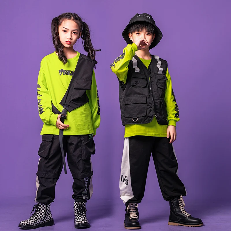 Kids Ballroom Hip Hop Clothing  Sweatshirt Tops Streetwear Tactical Cargo dancing Pants for Girls Boys Dance Costume Clothes