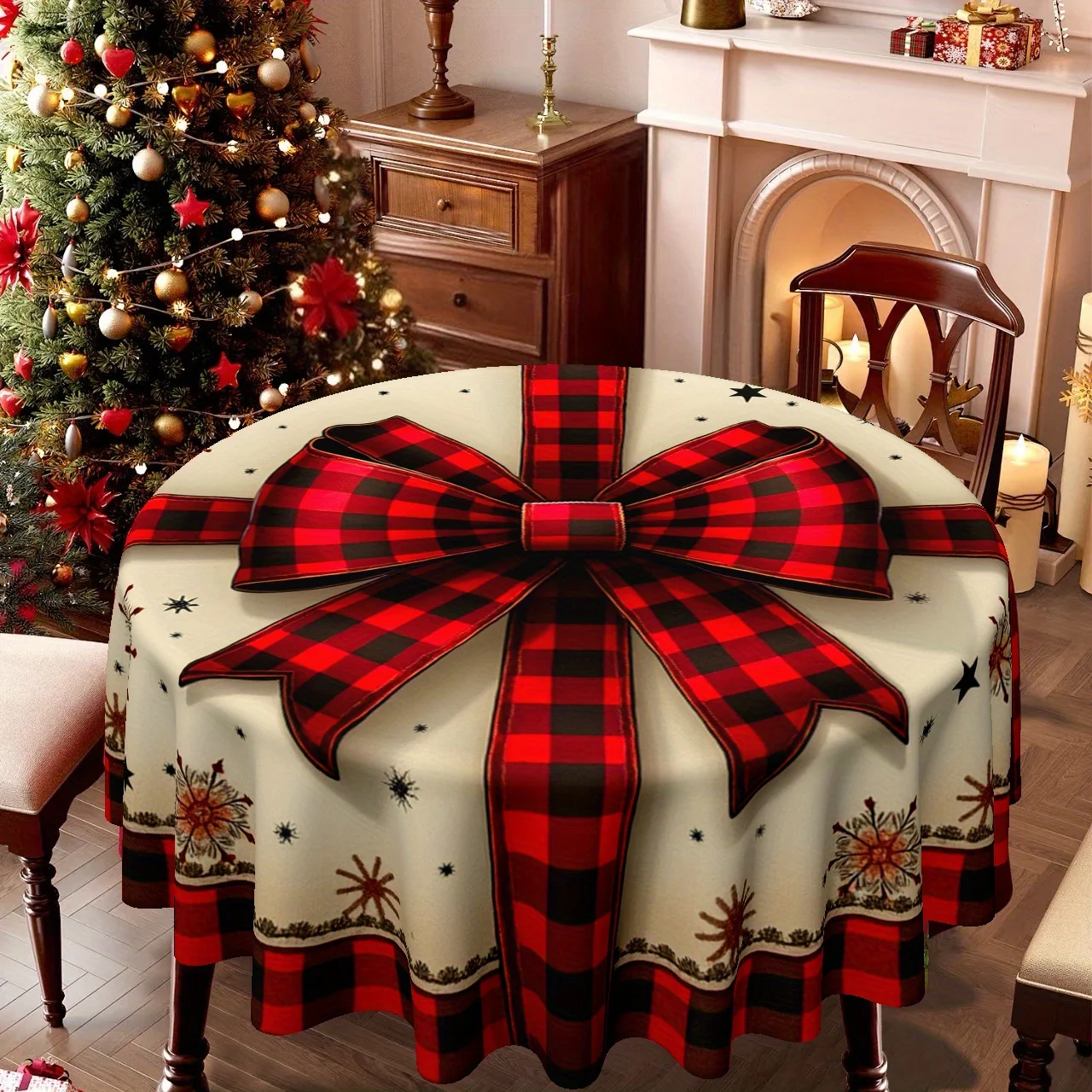 1 Christmas-themed, buffalo-checked round tablecloth with festive red bow and snowflake star print