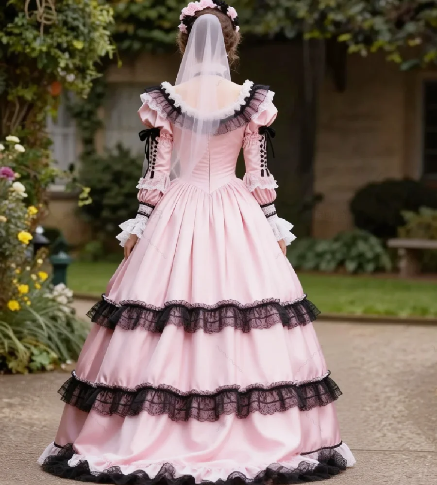 Romantic Gothic Victorian Wedding Dress 2026 Vintage Renaissance Bustle Bridal Gowns Pink With Black Gothic Celtic Tudor Bride
