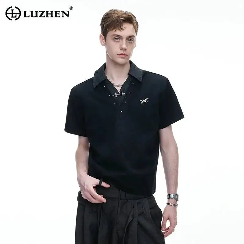 LUZHEN 2026 Summer Stylish Fake Two Piece Design Metal Buckle Decorate Short Sleeve T-shirts Men's Handsome Elegant Tops JY7460