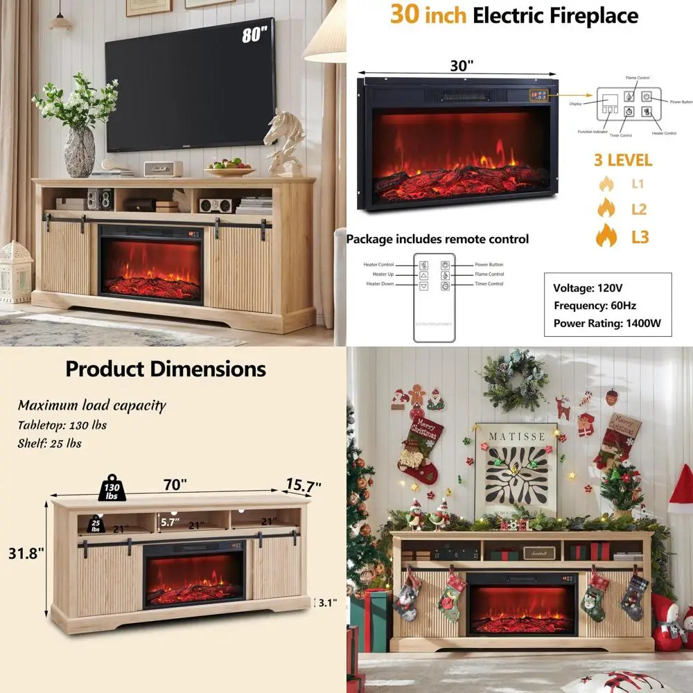 

Modern Waveform Panel Electric Fireplace TV Stand for 30 TVs up to 80, Sleek Entertainment Center