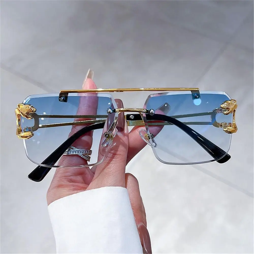 Retro Double Bridge Rimless Sunglasses Metal UV400 Oversized Square Shades Cheetah Decor Sun Glasses for Women & Men
