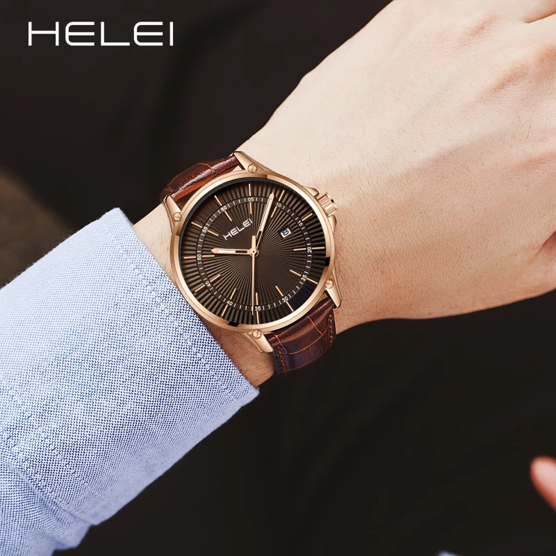 HELEI-relojes de cuarzo de lujo para hombre, pulsera de cuero, resistente al agua, de negocios, regalo