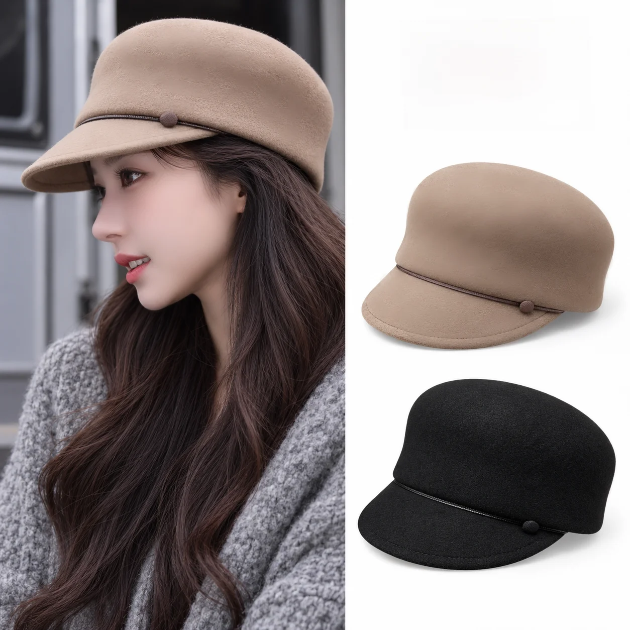 warm-woolen-equestrian-hat-for-women-by-yimengling-autumn-winter-flat-top-hat-with-short-brim-thickened-knitted-cap