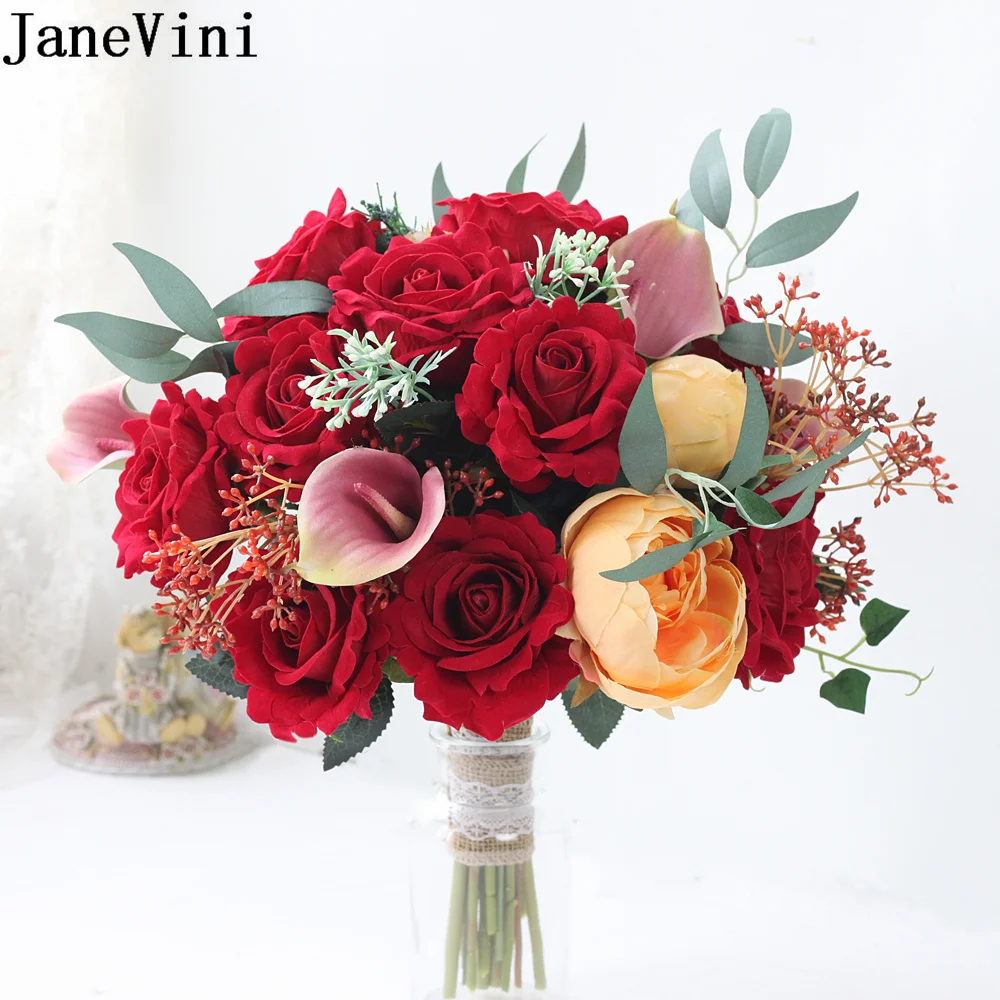 

JaneVini Vintage Roses Wedding Bouquet Flowers Red Artificial Bride Holding Flowers for Wedding Photography Bridal Accessories