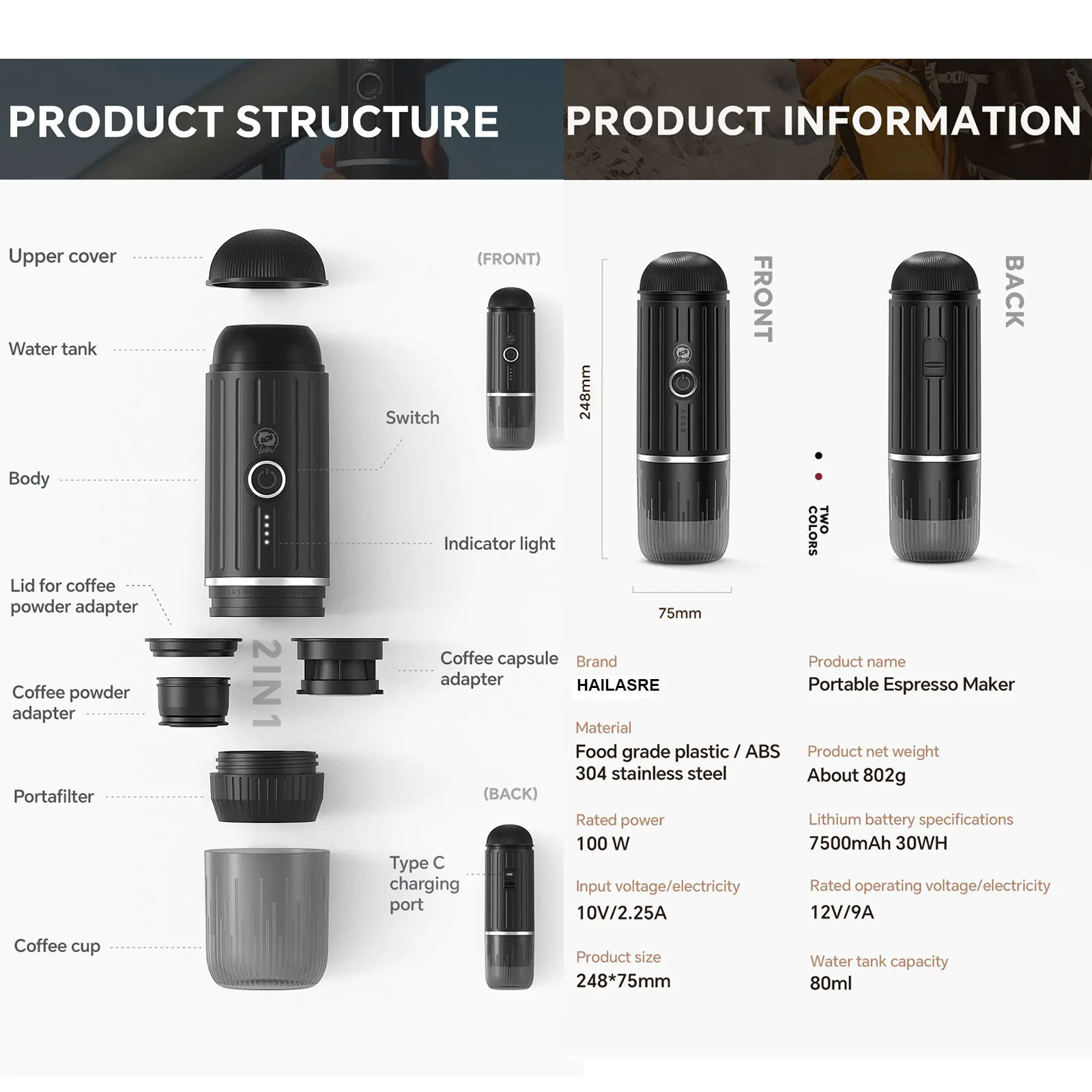 Portable Coffee Machine for Car & Home,USB-TYPEC Expresso Coffee Maker Fit Nexpresso Capsule Coffee Powder Outdoor Coffee Maker