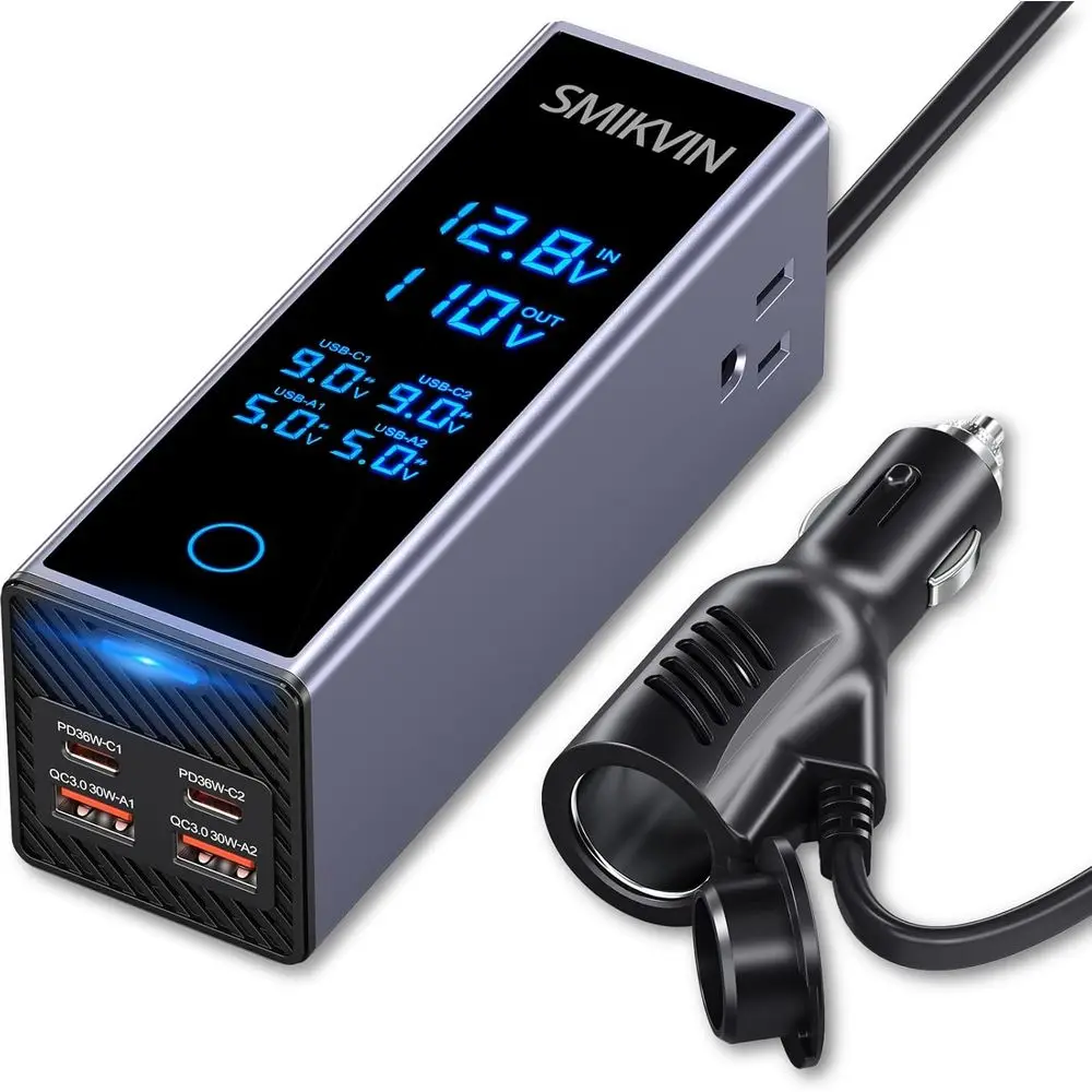 

300W Car Power Inverter - 12V to 110V AC Converter with 2 AC Outlets & 4 USB Ports (2 PD 36W + 2 QC3.0 30W), Age Display, Coolin
