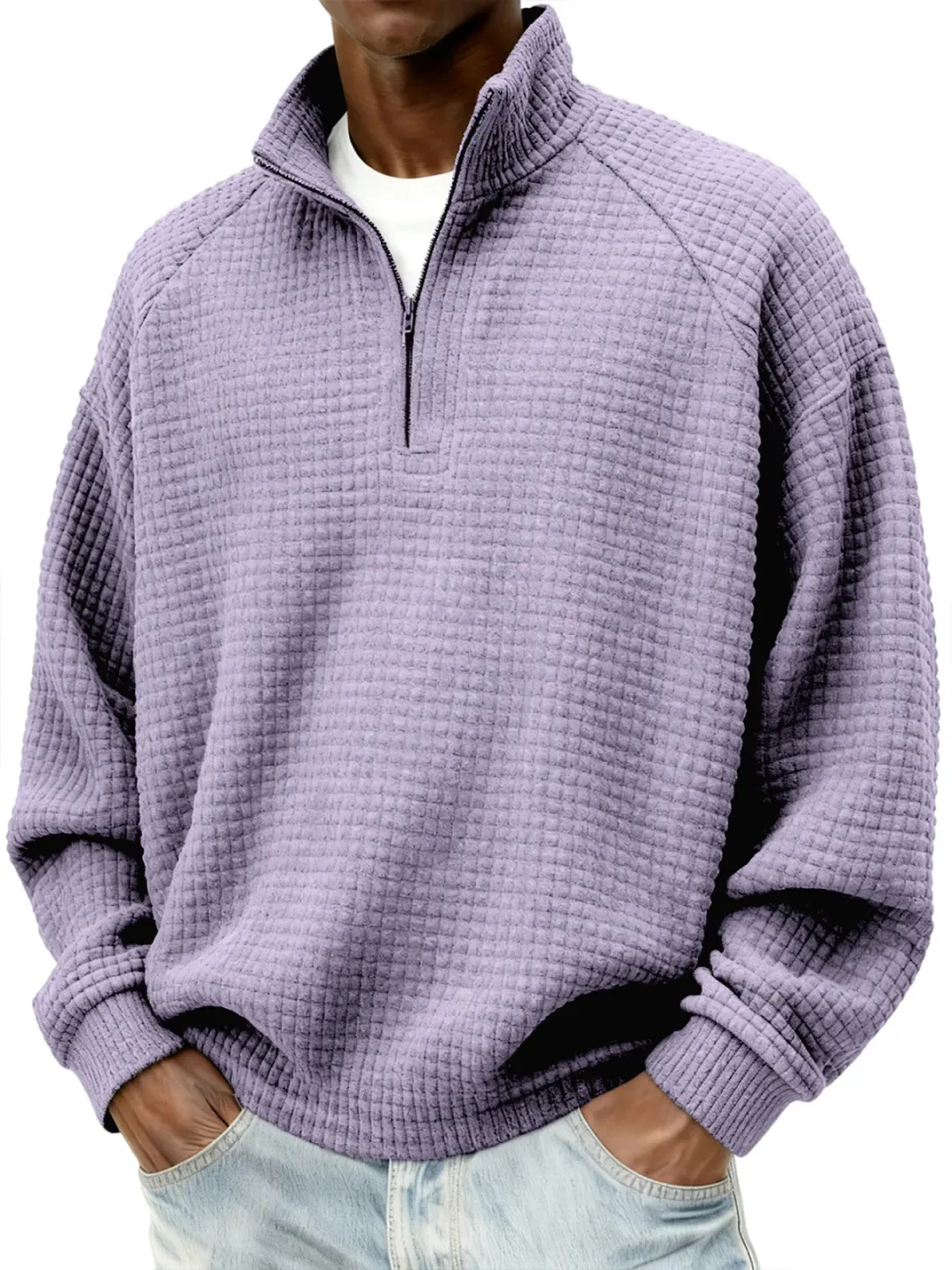 Men Vintage Waffle Textured Quarter Zip Sweatshirt Stand Collar Long Sleeve Pullover Casual Everyday Top for Outdoor Layering