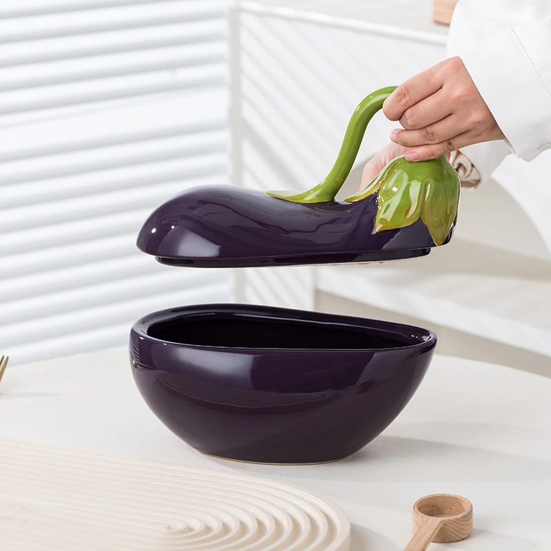 Underglaze creative vegetable purple eggplant soup bowl with lid household new ceramic soup bowl soup cup