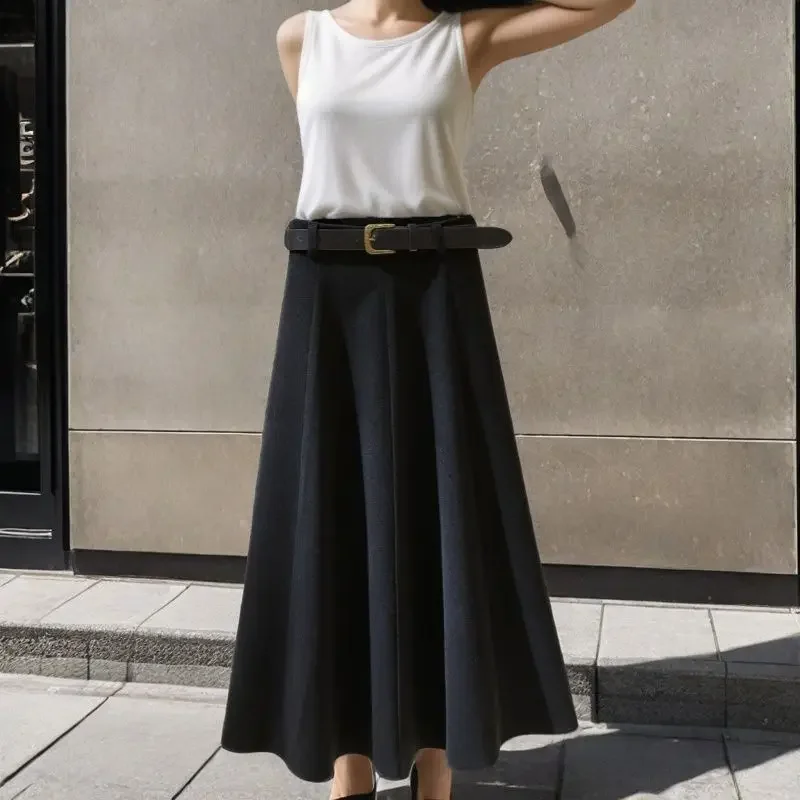 ใหม่ High End Midi กระโปรงผู้หญิงฤดูใบไม้ผลิฤดูใบไม้ร่วงแฟชั่น Slim High เอวสีทึบ Elegant Office Lady Woolen กระโปรงกับเข็มขัด